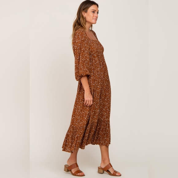 Pink Blush Camel Floral 3/4 Sleeve Midi Dress Medium New With Tag - Picture 3 of 5